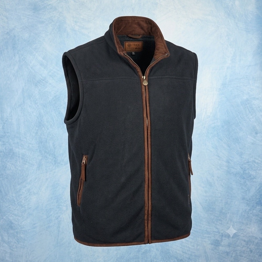 Outback Trading Co Mens XL Black Fleece Vest Faux Suede Trim Full Zip Western